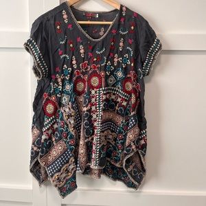 Grey embroidered Johnny Was shortsleeved blouse.